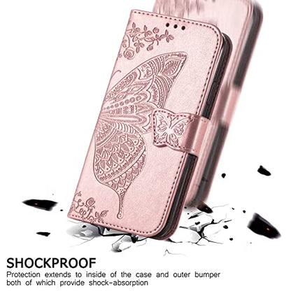 for Moto G Power 2022 Case Wallet,Women Flip Cover,Rose Gold | Butterfly Embossed PU Leather Kickstand Credit Card Holder Slots Magnetic Wrist Strap Purse - color: Rose Gold