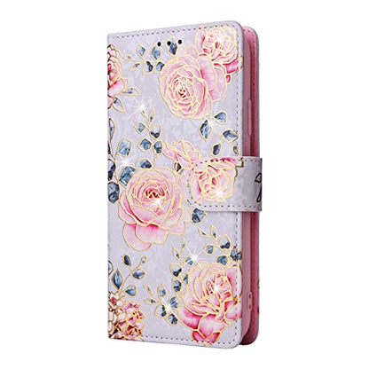UEEBAI Wallet Case for iPhone 14, PU Leather Phone Cover Kickstand RFID Blocking Flip Case Card Slots Wrist Strap Relief Engraved Pattern Magnetic Closure Flower Folio Wallet, Purple Rose - color: Purple Rose, size: iPhone 14