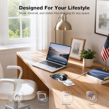 3 in 1 Wireless Charging Station for Apple,Foldable Magnetic Travel Charger - color: white