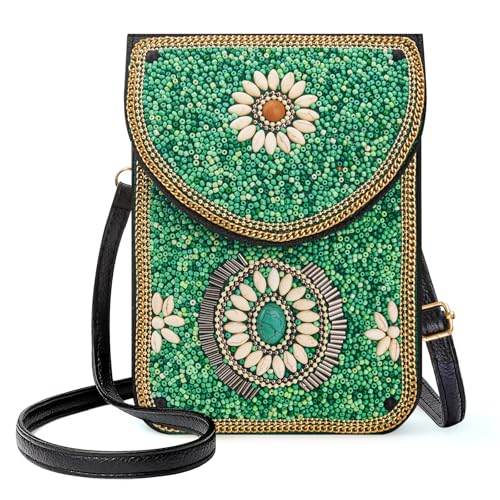Small Beaded Crossbody Bag for Women, Boho Cell Phone Shoulder Purse Wallet with Handcrafted Colorful Beads - color: Gemstone-green