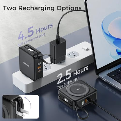 10000mAh Portable Charger Power Bank Built in Cables&Wall Plug - color: Black