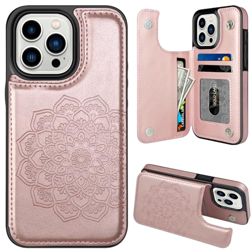 MMHUO iPhone 15 Pro Case, Magnetic Back Flip Wallet Case - Flower Pattern, Card Holder, Rose Gold - color: Rose Gold, size: Iphone 15 Pro 6.1"-(S)(Three Cameras)
