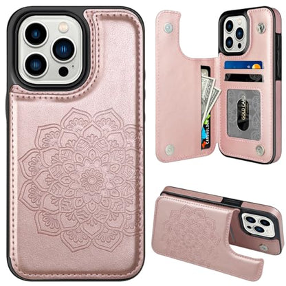 MMHUO iPhone 15 Pro Case, Magnetic Back Flip Wallet Case - Flower Pattern, Card Holder, Rose Gold - color: Rose Gold, size: Iphone 15 Pro 6.1"-(S)(Three Cameras)