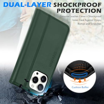 SHIELDON Genuine Leather Wallet Case for iPhone 16 Pro Max 6.9", Evergreen | RFID Blocking, Credit Card Holder, Magnetic Closure, Kickstand, Folio Design, Full Protection, Shockproof Phone Cover - color: Evergreen
