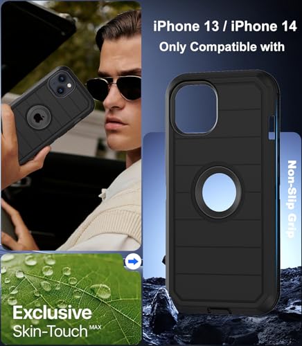 for iPhone 14 Case & iPhone 13 Case, Military-Grade Drop Protection 3-Layer Rugged Shell with Screen Protector, Full-Body Non-Slip Shockproof Heavy Duty Protective Bumper Phone Cover (Black) - color: Black