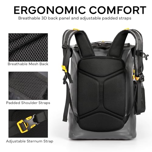 30L Dry Backpack Waterproof, Dry Backpack for Men Women, Ideal for Kayaking, Boating, Paddle Boarding, Fishing, Hiking, Camping & Outdoor Travel Essentials - color: Grey
