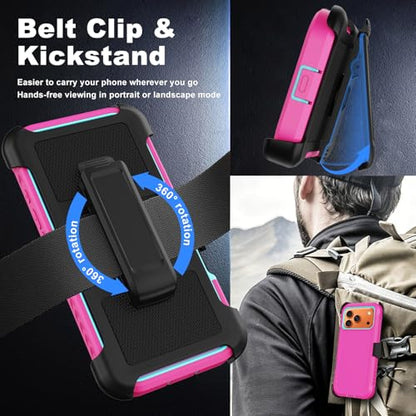 for iPhone 17 Pro Max Case with Belt Clip Holster,[Compatible with MagSafe] w/Screen Protector,Anti-Drop Shockproof Heavy Duty Protective Rugged Magnetic Phone Cover,with 360°Rotating Kickstand (Pink - color: Pink