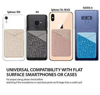 Glitter PU Leather Phone Card Holder Stick On Back of Phone Wallet - color: RoseGold