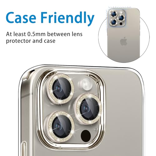 Compatible with iPhone 15 Pro & 15 Pro Max Camera Lens Protector, Bling Glitter Diamond Lens Cover 9H Tempered Glass Camera Cover Anti Scratch Shockproof Screen Protector - Natural Titanium - color: Natural Titanium Glitter