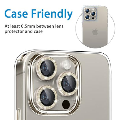 Compatible with iPhone 15 Pro & 15 Pro Max Camera Lens Protector, Bling Glitter Diamond Lens Cover 9H Tempered Glass Camera Cover Anti Scratch Shockproof Screen Protector - Natural Titanium - color: Natural Titanium Glitter