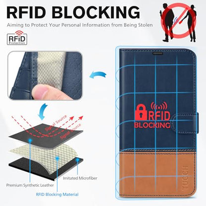 TUCCH Wallet Case for iPhone 16 (6.1") 2024, 4 Card Holders, Blue & Brown | RFID Blocking, Viewing Stand, Shockproof TPU Shell, PU Leather, Magnetic Closure, Protective Folio Flip Cover - color: Two-tone Blue & Brown