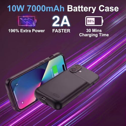 7000mAh Travel Battery Case for iPhone 16, 2026 New Upgrade Extra Battery Life Fast Charging External Rechargeable Portable Charging Case