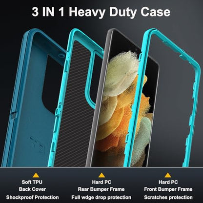 for Samsung Galaxy S21 Ultra Case with 2Pcs Self Healing Flexible TPU Screen Protector & Camera Lens Protector, 3 in 1 Heavy Duty Shockproof/Drop Proof/Dust Proof Case (Blue/Turquoise) - color: Blue/Turquoise