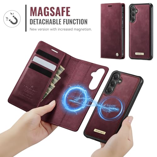 for Samsung Galaxy S25 5G 2in1 Detachable Wallet Case, Burgundy | Compatible with Magsafe, Magnetic, RFID Blocking Card Holder, Shockproof, Kickstand, Wireless Charging, PU Leather Flip Cover - color: Retro Burgundy, size: Galaxy S25 - 6.2"