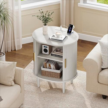 DHH Mid Century Modern Nightstand with Charging Station, Fluted Accent Side Table with Sliding Door & Adjustable Shelf, End Table for Small Space, Living Room, Bedroom,Sofa Couch(1, White) - color: Grayish White