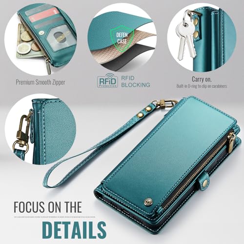 Defencase for Samsung Galaxy A16 5G Wallet Case with Card Holder, Bluegreen | RFID Blocking, Zipper Pocket, Durable PU Leather, Wrist Strap, Fashion Snap Flip Phone Cases Cover with Stand for Women Men - color: Blue Green