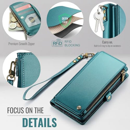 Defencase for Samsung Galaxy A16 5G Wallet Case with Card Holder, Bluegreen | RFID Blocking, Zipper Pocket, Durable PU Leather, Wrist Strap, Fashion Snap Flip Phone Cases Cover with Stand for Women Men - color: Blue Green