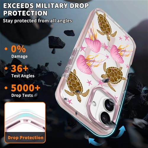 VisEnt Clear Case for iPhone 16, Magnetic Phone Case, Transparent Slim Cover, Military Grade Protection, Shockproof, Anti-Yellowing, Scratch Resistant, Pink Jellyfish Sea Turtle - color: Pink Jellyfish Sea Turtle, size: Iphone 16