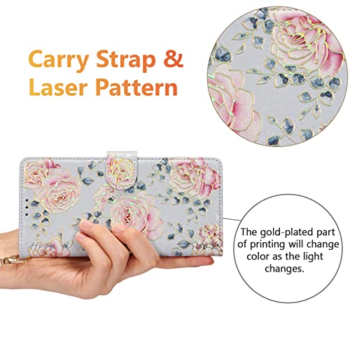 UEEBAI Wallet Case for iPhone 13 Pro Max, PU Leather Phone Cover Kickstand RFID Blocking Flip Case Card Slots Wrist Strap Relief Engraved Pattern Magnetic Closure Flower Folio Wallet, Purple Rose - color: Purple Rose, size: iPhone 13 Pro Max