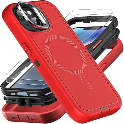 YKHJKLEC for iPhone 13/14 Case, Military Grade 3 in 1 Heavy Duty Shockproof/Drop Proof/Dust Proof with Kickstand Case, with 2 x Tempered Glass Screen Protector (ZJ-Red/Black) - color: ZJ-Red/Black