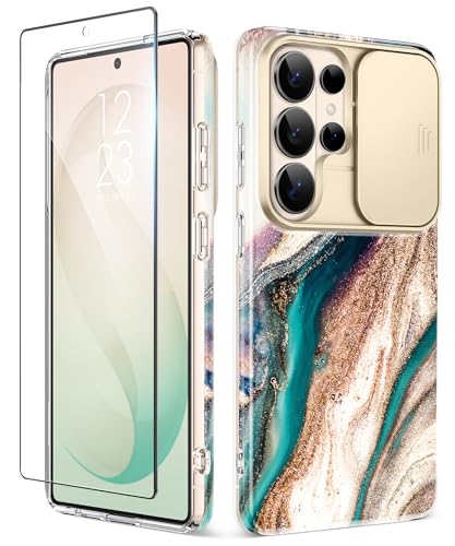 GVIEWIN for Samsung Galaxy S26 Ultra Case with Slide Camera Cover, [Screen Protector] [Shockproof Military Grade Drop Protection] Marble Slim Fit Hard PC Phone Cover S26 Ultra 6.9" 2026 (Drift Sand) - color: C-Drift Sand/Brown, size: For Galaxy S26 Ultra