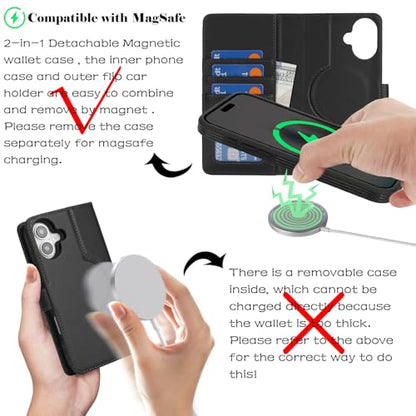 Ｈａｖａｙａ for iPhone 16 Case Detachable Wallet Case with Card Holder，2 in 1 Pu Leather Flip Folio Credit Card Slots Stand Compatible Magsafe Magnetic Shockproof Phone Cover (6.1")-Black - color: Black-Detachable