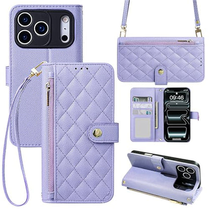 Wallet Phone Case Crafted for iPhone 17 Pro Max Purple | Women Wallet Flip Case Cover Wrist Strap Zipper Credit Card Holder Slots PU Leather - color: Purple, size: iPhone 17 Pro Max