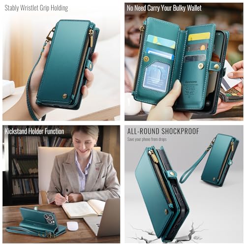 Defencase for iPhone 13 Pro Wallet Case with RFID Card Holder, Blue Green | Durable Soft PU Leather, with Zipper Pocket, Wrist Strap, Fashion Snap Flip Phone Cases Cover with Stand for Women and Men - color: Blue Green