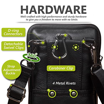 Genuine Leather Crossbody Bag for Men/Women, Small Messenger Bag Cell Phone Purse Shoulder Holster Passport Pouch - color: Black