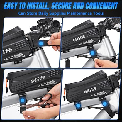 WOTOW Bike Phone Bag, Waterproof Bicycle Top Tube Phone Holder Hard Shell | Bike Front Frame Bag with TPU Touch Screen for Cell Phones Up to 7", 1.9L Bike Handlebar Bag for Ebike Accessories Storage