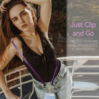 Clip and Go Phone Strap Crossbody Wrist 2 in 1 Leather Lanyard with Tether Hanging Loops Adjustable Anti-Theft Purse Replacement Handbag Long Thin Shoulder Neck Straps for All Phones Keys Bags Puple - color: Puple