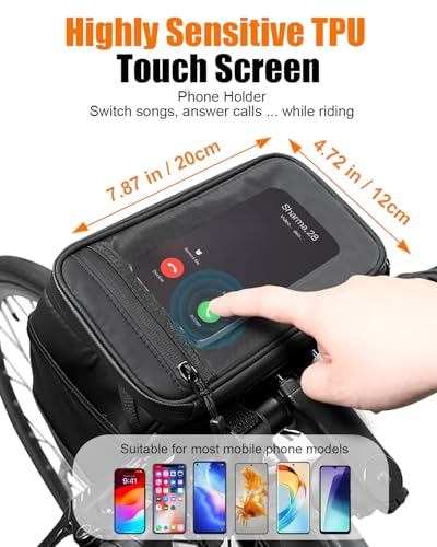 Bike Handlebar Insulated Bag, Waterproof Mountain Bike Crossbar Front Bike Phone Bag Cooler Storage Pouch with TPU Touch Screen Insulation for Outdoor Hiking Travel 4L