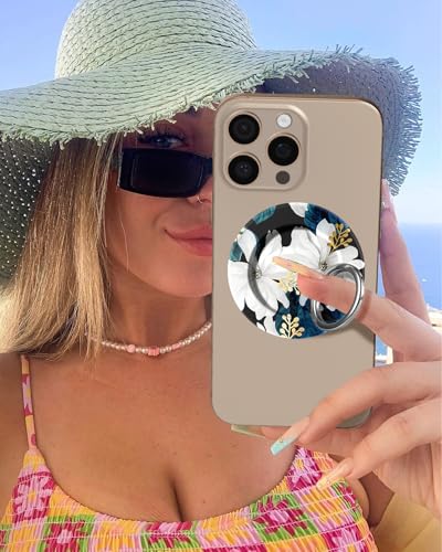 Toycamp Magnetic Phone Grip - Compatible with MagSafe Phone Grip Ring Stand for iPhone 17/16/15/14/13/12 Series White Floral Flower Cute Phone Ring Holder Grip for Women Girls Girly - color: White Flower