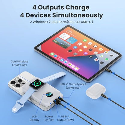 Magnetic Portable Charger for iPhone and Apple Watch, 10800mAh 25W PD Fast Charging USB C Power Bank, 4 Outputs Dual-Side Magnet Travel Essentials Battery Pack for iPhone 18/17/16/15/14/13/12, White - color: White
