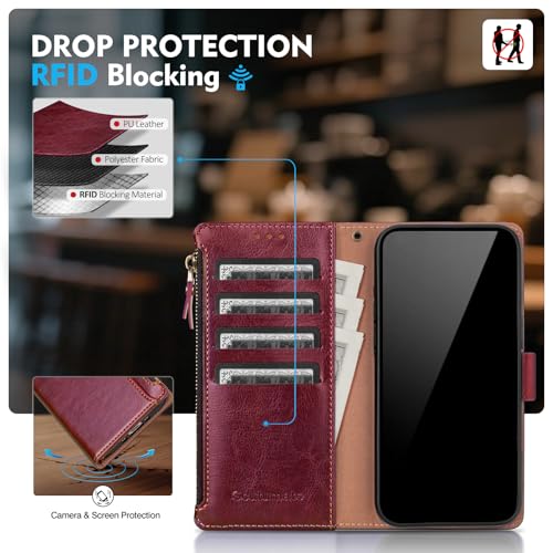 Compatible with iPhone 17e / 16e Wallet Case with Card Holder RFID Blocking Zipper Poket PU Leather Flip Phone Case with Wrist Strap Credit Card Slots Men Women,Wine Red - color: Wine Red