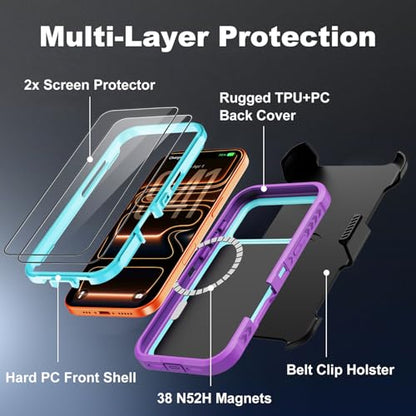 for iPhone 17 Pro Max Case with Belt Clip Holster,[Compatible with MagSafe]w/Screen Protector,Anti-Drop Shockproof Heavy Duty Protective Rugged Magnetic Phone Cover,with 360°Rotating Kickstand (Purple - color: Purple