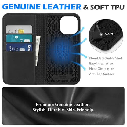 SHIELDON Genuine Leather Wallet Case for iPhone 15 Pro Max 6.7" 2023, Black | Magnetic Closure, RFID Blocking, Credit Card Holder, Kickstand, Folio Book Design, Soft Shockproof Phone Cover - color: Black