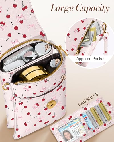 Small Crossbody Phone Purse for Women | Card Slots, Leather Cell Phone Wallet, Adjustable Shoulder Strap, Cross Body Bag for Girls and Ladies, Cute Design - color: Cherry