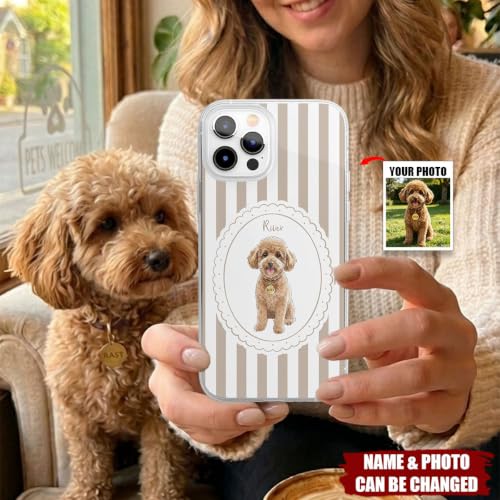 Custom Pet Portrait Watercolor Striped Pattern - Personalized Phone Case Custom Dog Cat Memorial Photo Picture Customized Transparent Slim Protective Smartphone Shell Cute Animal Art Gift
