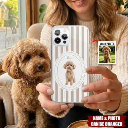 Custom Pet Portrait Watercolor Striped Pattern - Personalized Phone Case Custom Dog Cat Memorial Photo Picture Customized Transparent Slim Protective Smartphone Shell Cute Animal Art Gift