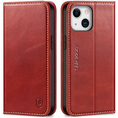 SHIELDON Genuine Leather Folio Wallet Case for iPhone 13 6.1", Retro Red | [RFID Blocking] Case Cover Card Slot Stand Function TPU Effective Protection Shockproof 2021 - color: Red - Retro