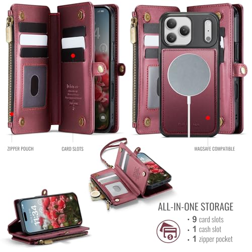 Defencase for iPhone 17 Pro Max Case Wallet Compatible with Magsafe, W-Red | Drop-Proof Magnetic Detachable Phone Cases Cover, with RFID Bolcking Card Holder, Zipper Strap, PU Leather, Removable Wallet - color: (Detachable with Magsafe)-Wine Red