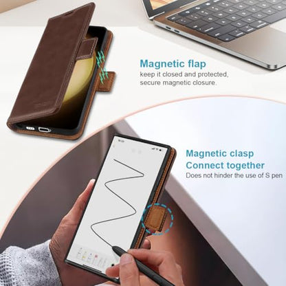 KEZiHOME Genuine Leather Wallet Case for Samsung Galaxy S26 Ultra Brown | Brown, RFID Blocking Card Holder, Kickstand, Magnetic Protective Phone Folio Cover, Compatible with S26 Ultra - color: Brown, size: Galaxy S26 Ultra Case
