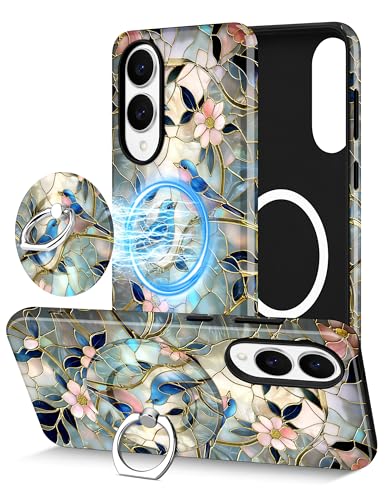 Magnetic Phone Case for Samsung Galaxy A16 5G, Bird | Compatible with Magsafe, Cute Stained Glass Flower Stand Ring Holder Aesthetic, Protective Phone Cover for Women Girls - color: Stained Glass Flower Bird