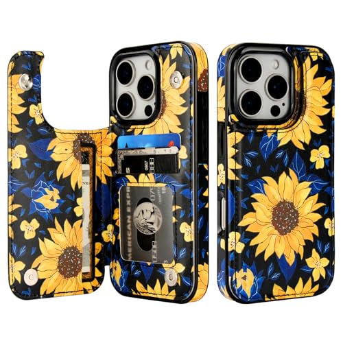 HAOPINSH for iPhone 16 Pro Wallet Case with Card Holder, Blooming Sunflowers Pattern Back Flip Folio PU Leather Kickstand Card Slots Case for Women Girls, Double Magnetic Clasp Shockproof Cover 6.3" - color: Blooming Sunflowers