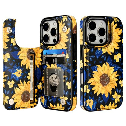 HAOPINSH for iPhone 16 Pro Wallet Case with Card Holder, Blooming Sunflowers Pattern Back Flip Folio PU Leather Kickstand Card Slots Case for Women Girls, Double Magnetic Clasp Shockproof Cover 6.3" - color: Blooming Sunflowers