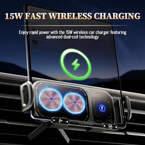 Wireless Charging Rotating Car Mount, 15W Fast Charger with Auto Clamping, One-Click 90° Rotation, 360° Rotation, Anti-Shake Technology, Foldable Phone Fit