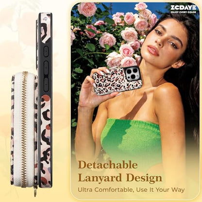 ZCDAYE Zipper Crossbody Wallet Case for iPhone 13 Pro Max, Leopard Print | Flip Folio PU Leather, Practical Card Holder, Adjustable Lanyard Strap, RFID Blocking, Retro Leopard Girly Phone Case - color: Leopard print, size: iPhone 13 Pro Max