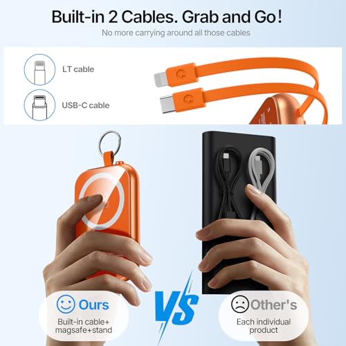 for MagSafe Portable Charger, 10000mAh Power Bank with Built-in 2 Cables - color: Orange