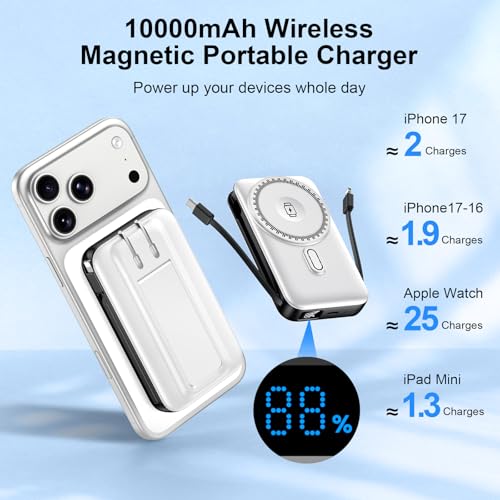 For MagSafe Portable Charger with 2 Cables & Wall Plug, Magnetic Power Bank - color: White